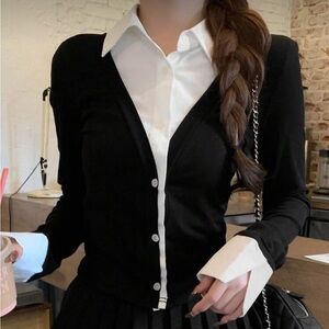 Black Cardigan with White Shirt-Look Detail